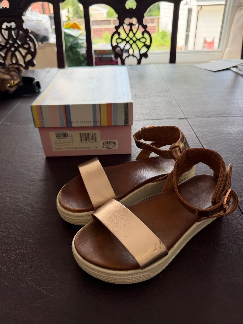 MIA Girls Metallic Rose Gold and Brown Ankle Strap Sandals Size 1